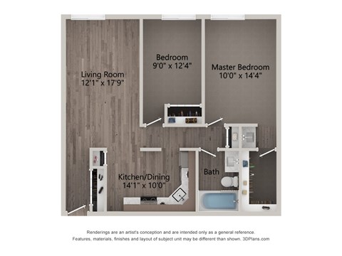 Floor plan for 2 beds, 1.3 baths, 1000 sqft